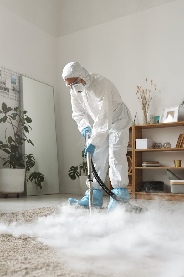about-02 A person in protective gear disinfecting a carpet in a stylish living room, ensuring safety.