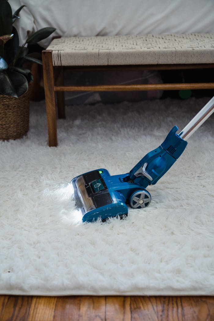 services-03 Modern blue vacuum cleaner on a white fur carpet in a cozy indoor setting.